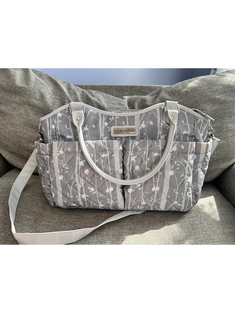 Laura Ashley Baby Gray Floral Diaper Bag Tote Changing Pad Pockets